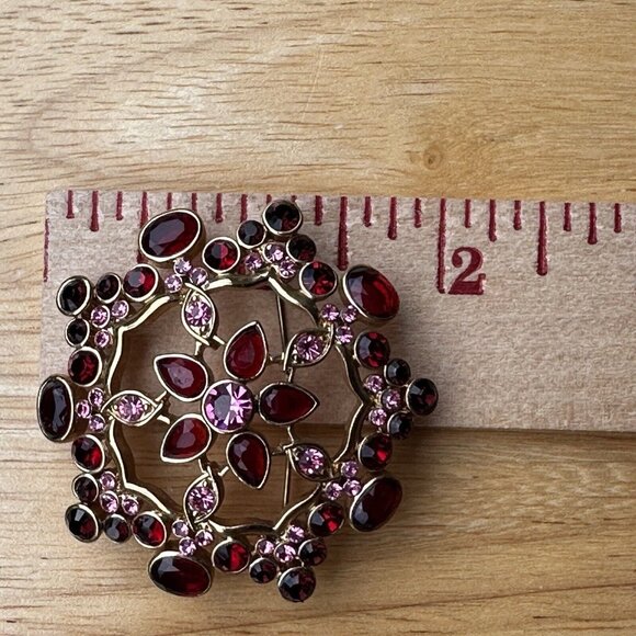 VTG Brooch Pin 2" Rhinestone Blooming Flower Pink Red Gold Plated‎ Geometric - Picture 9 of 9